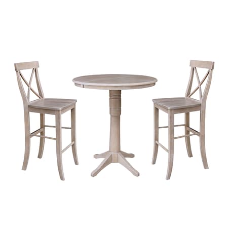 International Concepts Round 36 in Rd Extension Dining Table 40.9 inH, 2 X-Back Bar Ht Stools, Gray Taupe, 36 in W, 48 in L K09-36RXT-27B-S6133-2